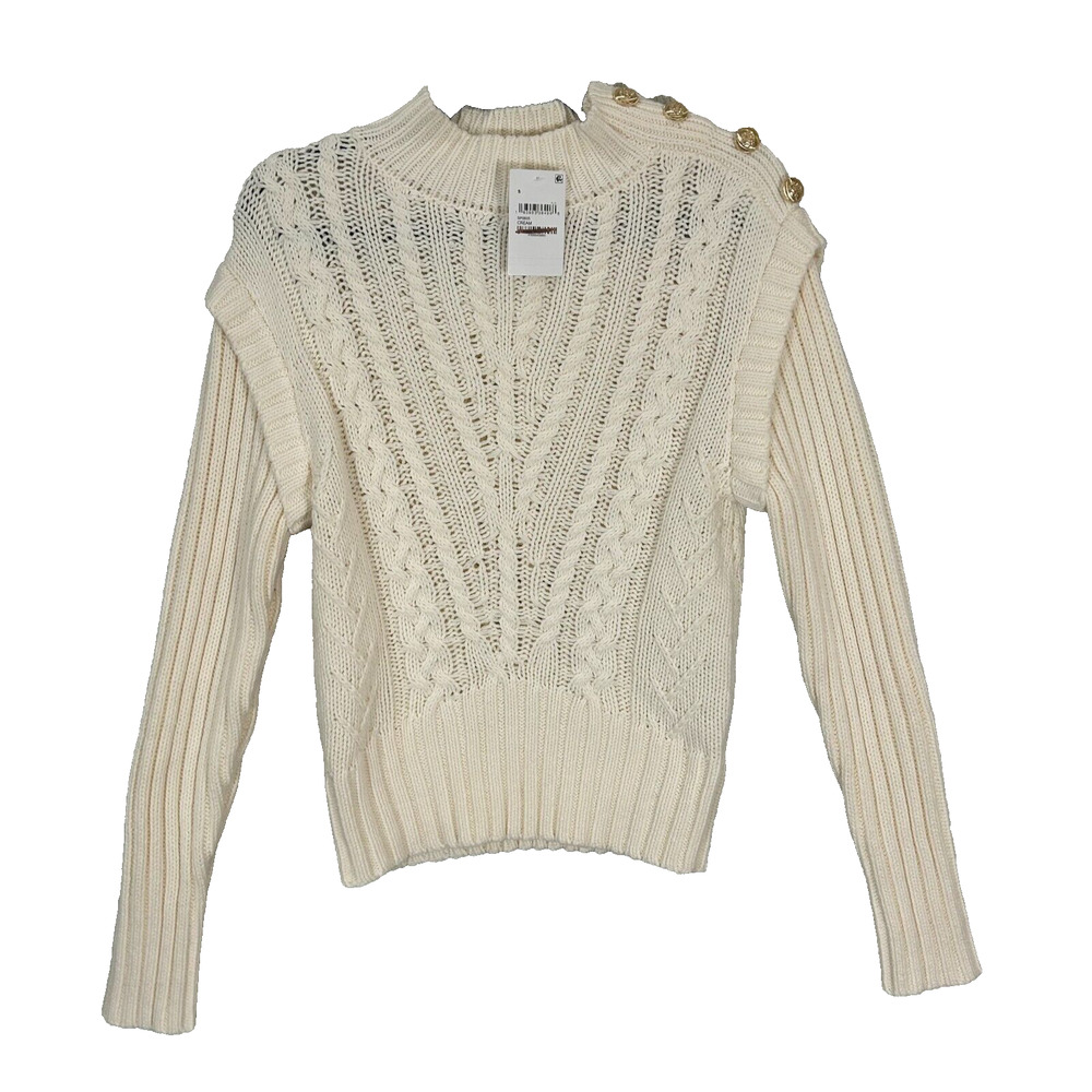 Zoe & Claire Sweater Small Cream Cable Knit Mock Neck Side Shoulder Buttons NWT